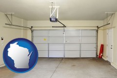 wisconsin map icon and a garage door interior, showing an electric garage door opener